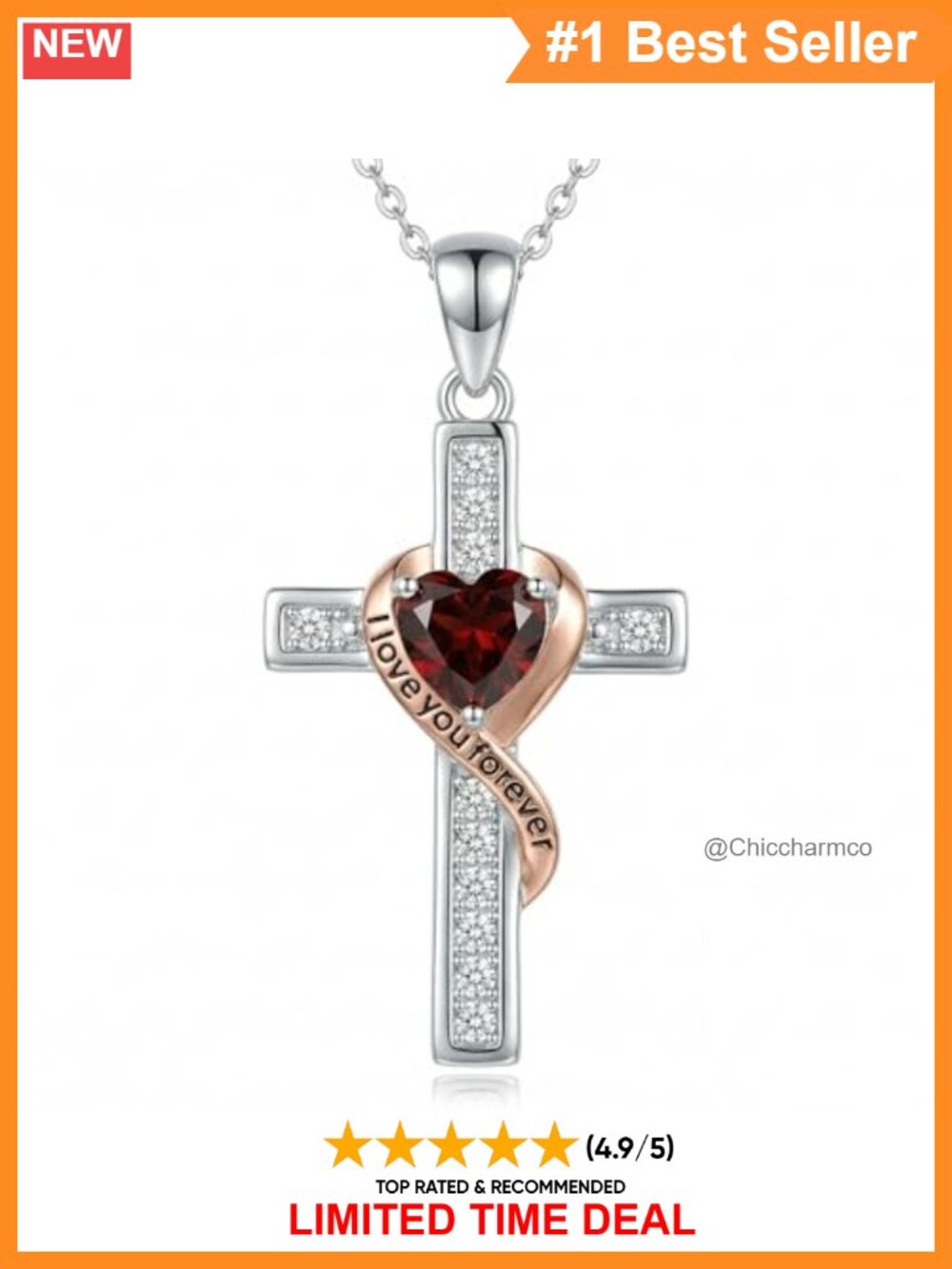 Cross Birthstone Necklace Red Heart CZ I Love You Forever Pendant